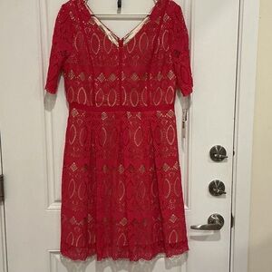 ANTONIO MELANI Dark Pink Lace V-Neck Fit & Flare Dress Elegant Sunday